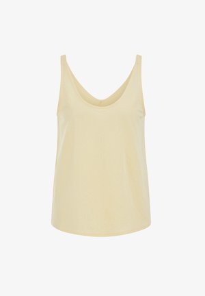 Ærmeløs beige tanktop med rund halsudskæring og en let løs pasform, vist på en ensfarvet hvid baggrund.