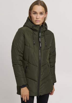 Padded green jacket with a zip front, adjustable hood, and black accents. Features angled seams and side pockets for utility.