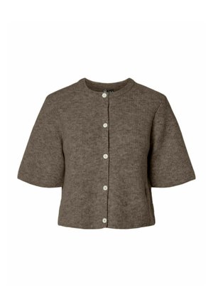 Bruine kortekleurige cardigan met korte mouwen, gemaakt van ribbelstof, met een ronde halslijn en vijf witte knopen aan de voorkant.