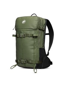 Olivgrüner Rucksack in rechteckiger Form, ausgestattet mit mehreren verstellbaren Riemen, einer glatten Textur und einem Logo auf der Vorderseite.