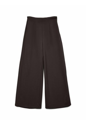 Pantalons larges taille haute noirs avec un tissu lisse et des coutures avant nettes, posés à plat sur un fond blanc.