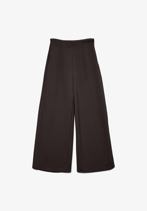 Pantalons larges taille haute noirs avec un tissu lisse et des coutures avant nettes, posés à plat sur un fond blanc.