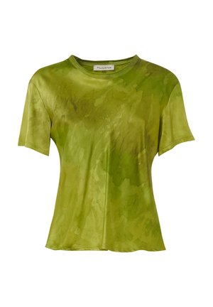 Blusa verde a maniche corte in tessuto morbido e setoso con effetto acquerello; scollatura a girocollo e vestibilità rilassata.