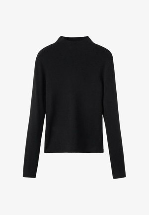 Black long-sleeve knit sweater with a mock neck and straight hem, displayed on a white background.