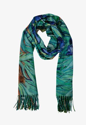Écharpe multicolore avec un motif floral aux tons bleus et verts, fabriquée en tissu doux et ornée de bords effilochés.
