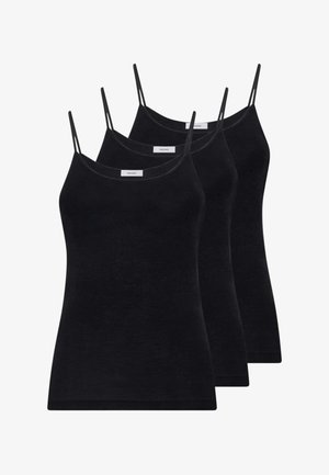 Tre canottiere nere con spalline sottili, realizzate in un tessuto liscio ed elastico. Presentano una scollatura rotonda e una silhouette aderente.