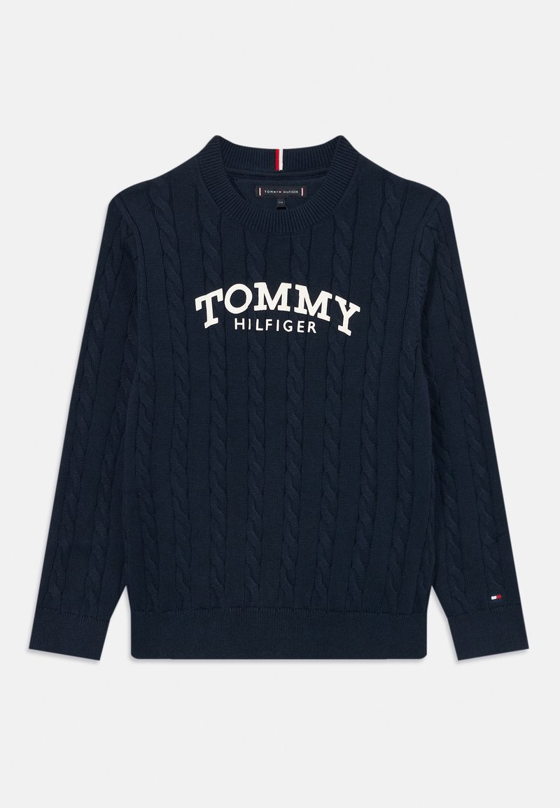 Sweater em malha canelada azul marinho com texto branco "TOMMY HILFIGER" na frente e pequeno logótipo Tommy Hilfiger na manga.
