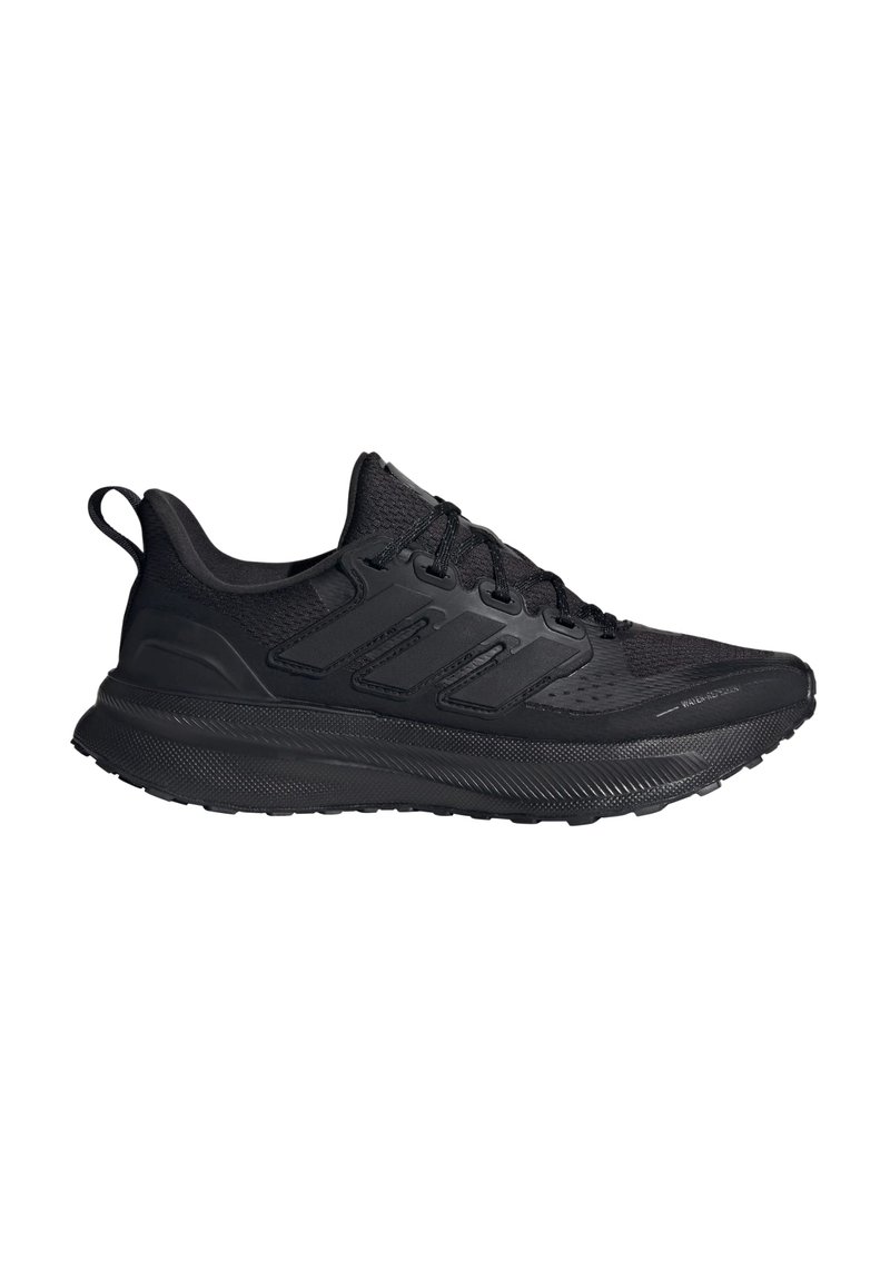 Schwarzer Laufschuh mit einem strukturierten Mesh-Obermaterial, dreistreifigem Design und dämpfender Sohle. Verfügt über eine Zuglasche an der Ferse für einfaches Anziehen.