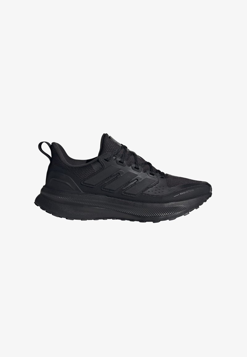 Scarpa da corsa nera con una tomaia in mesh testurizzato, design a tre strisce e una suola ammortizzata. Presenta un inserto sul tallone per indossarla facilmente.