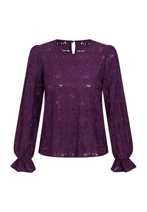 Paarse blouse met lange mouwen van kantstoffen, voorzien van bloemmotieven in de stof, een sleutelgatsluiting aan de achterkant en geplooide manchetten voor textuur en detail.