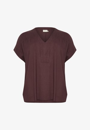 Bordeaux kortærmet top med V-udskæring og afslappet pasform. Lavet af letvægtsstof med plisserede detaljer på skuldrene og en lige kant.