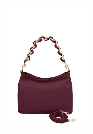 Burgundy handbag made of smooth leather with a wavy gold chain handle and detachable strap. Features a rounded top and flat base.