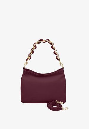 Burgundy handbag made of smooth leather with a wavy gold chain handle and detachable strap. Features a rounded top and flat base.