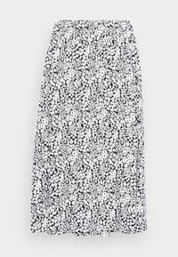 Gonna a stampa floreale con vita elasticizzata arricciata, caratterizzata da motivi in bianco e nero di fiori e foglie su un tessuto leggero.