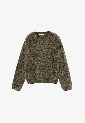 Pull en tricot de couleur vert olive foncé avec un col rond, des épaules tombantes et des poignets et un ourlet côtelés. Tissu texturé de poids moyen.