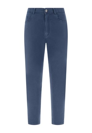 Blauwe slim-fit broek met knoop en rits aan de voorkant, zij- en achterzakken, tentoongesteld tegen een witte achtergrond.