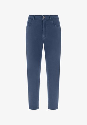 Pantalones azul ajustados con botón y cremallera frontal, bolsillos laterales y traseros, exhibidos sobre un fondo blanco.