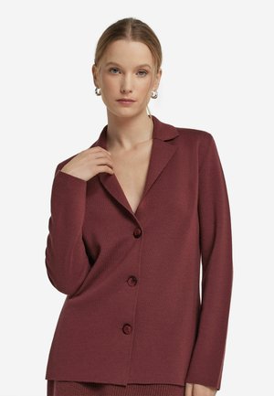 Bordeaux blazer, gestructureerde stof, lange mouwen, met notch-revers, enkelvoudig met drie knopen, met een diepe V-hals.