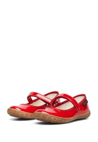Scarpe Mary Jane in vernice rossa con design a cinturino incrociato, suola in gomma con motivo floreale e un accento del logo sul tallone.