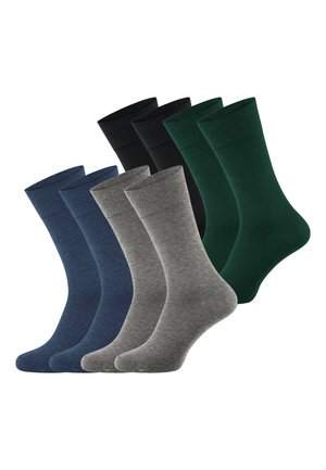Acht schlichte Sportsocken, paarweise angeordnet, Farben sind Marineblau, Grau, Schwarz und Grün.