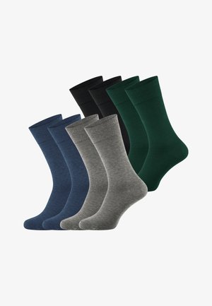 Acht schlichte Sportsocken, paarweise angeordnet, Farben sind Marineblau, Grau, Schwarz und Grün.