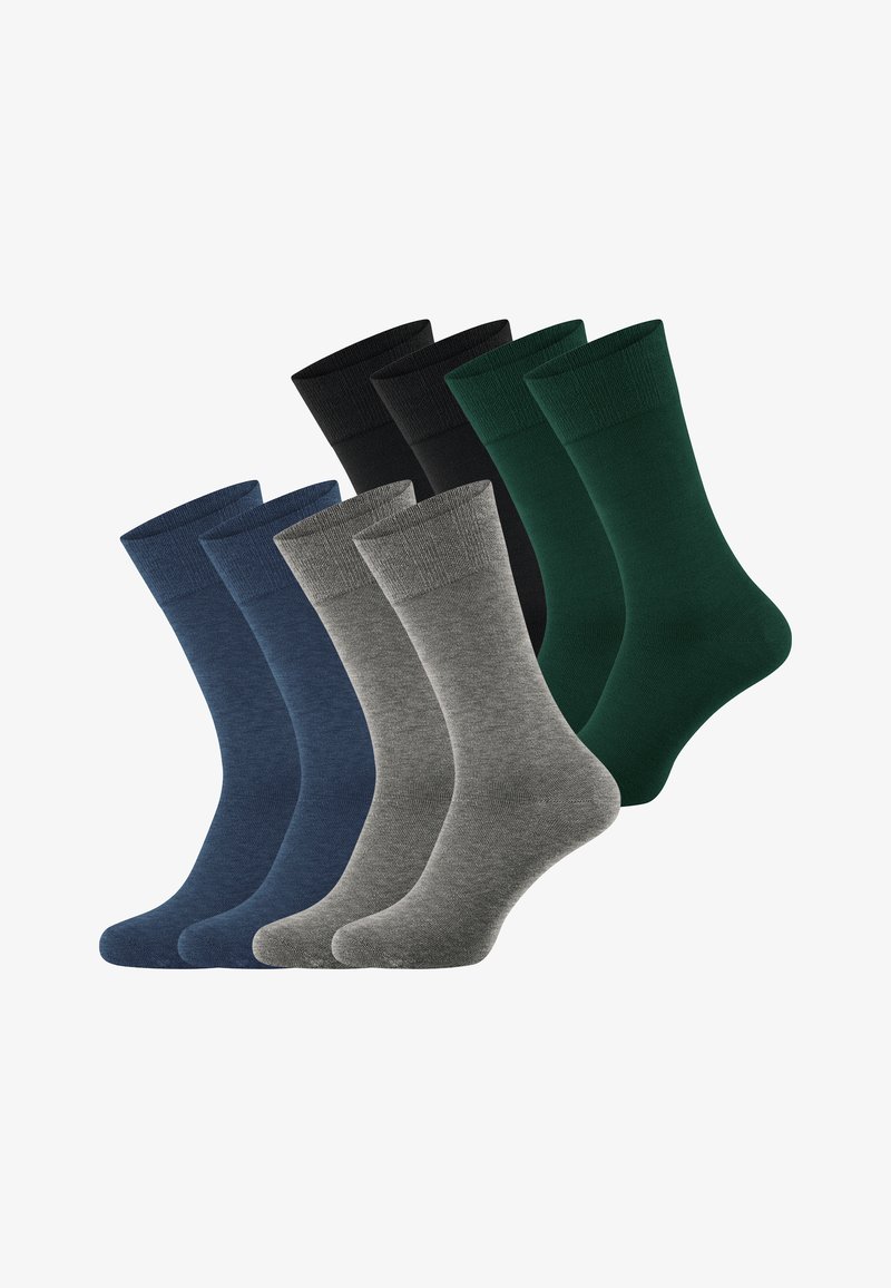 Huit paires de chaussettes unies, disposées par paires, comprenant les couleurs bleu marine, gris, noir et vert.