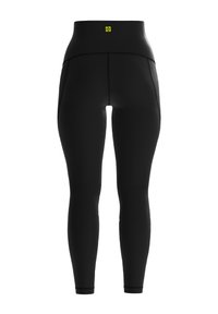Leggings de sport noirs avec une taille haute, présentant une texture lisse et un petit logo jaune à l'arrière, conçus pour le confort et le mouvement.