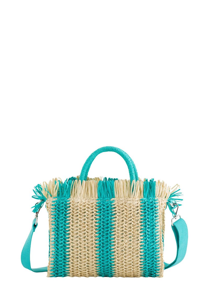 Geweven strohandtas met turquoise accenten en handvatten. Bevat gestructureerde strepen en decoratieve franjes aan de bovenkant. Inclusief een afneembare schouderband.