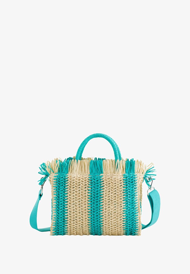 Geweven strohandtas met turquoise accenten en handvatten. Bevat gestructureerde strepen en decoratieve franjes aan de bovenkant. Inclusief een afneembare schouderband.