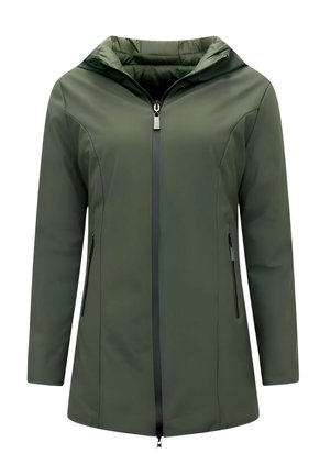 Groene jas met capuchon en lange mouwen, een tweerichtingsrits aan de voorkant en ritssluitingen aan zijkanten, afgebeeld op een witte achtergrond.