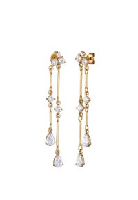 Goldene Tropfohrringe mit linearem Design, die klare Tropfen- und runde Zirkonia-Akzente zeigen, und einen eleganten, kaskadierenden Look schaffen.