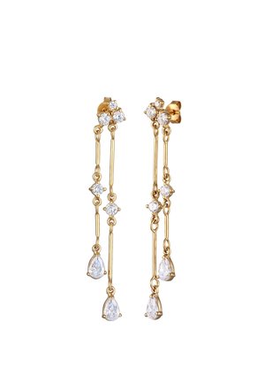 Guld dråbeøreringe med lineært design, der har klare dråbeformede og runde cubic zirconia accenter, der skaber et elegant, kaskade-lignende udseende.