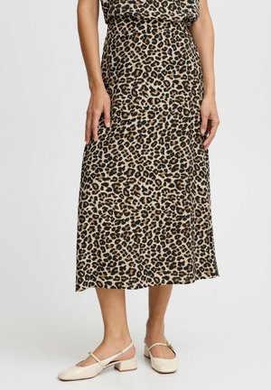 Leopardenmuster-Midikleid in Beige und Schwarz, aus leichtem Stoff gefertigt, mit taillierter Taille und gerader Silhouette.