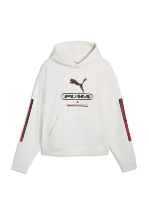 Valkoinen huppari etutaskulla, Puma-logo ja teksti rinnassa keskellä sekä punaiset graafiset kuviot molemmissa hihoissa.