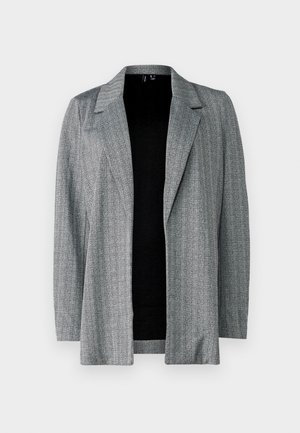 Gray herringbone-patterned blazer with a notched collar and open front. Long sleeves and textured fabric create a layered appearance.