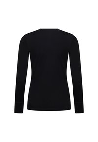 Langärmliges schwarzes Shirt aus weichem Stoff, runder Ausschnitt, taillierte Passform, mit dezenten Nähten und ohne sichtbare Muster.