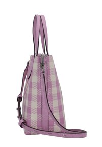 Rosa- und cremefarbene karierte Handtasche mit konischem Design, zwei Griffen und einem verstellbaren Schultergurt. Ausgestattet mit silberfarbenen Beschlägen.