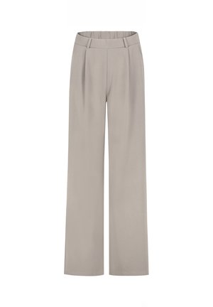 Lichtgrijze wijde broek met ceintuurlussen en plooien, afgebeeld op een witte achtergrond.