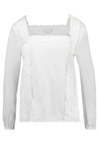 Blouse blanche à manches longues avec un décolleté carré, ornée de dentelle le long de l'avant et des côtés, et une texture de tissu lisse et léger.