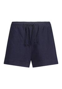 Navy blue cotton shorts with an elastic waistband, adjustable drawstring, and side seams. Smooth texture, knee-length design.