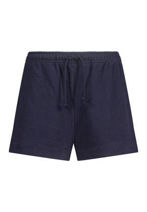 Navy blue cotton shorts with an elastic waistband, adjustable drawstring, and side seams. Smooth texture, knee-length design.