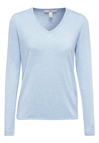 Vaaleansininen, pehmeästä kankaasta valmistettu pitkähihaisen V-kaula-aukon neulepusero, jossa on sileä pinta ja rento istuvuus resorireunuksilla hihoissa ja helmassa.