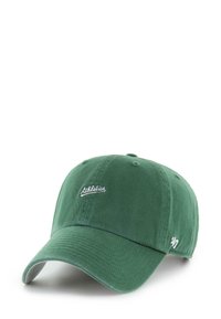 Grüner Baumwoll-Baseballcap mit gebogenem Schirm, gesticktem "Athletics"-Logo in Weiß auf der Vorderseite und verstellbarem Riemen hinten.