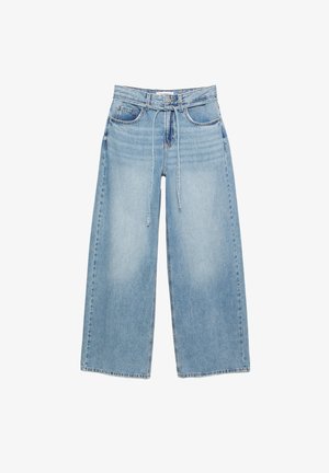 Jasnoniebieskie szerokie dżinsy z wysokim stanem, przednimi kieszeniami, szlufkami na pasek i cienkim regulowanym paskiem ze ściągaczem.