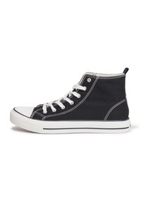 Zapatilla alta de lienzo negra con acentos blancos, puntera de goma y cordones blancos. Presenta costuras blancas y una suela a rayas en color navy.
