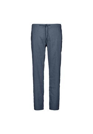Blauwe casual herensbroek met elastische tailleband en trekkoordsluiting, rechte pijp, afgebeeld op een witte achtergrond.