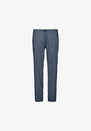 Blauwe casual herensbroek met elastische tailleband en trekkoordsluiting, rechte pijp, afgebeeld op een witte achtergrond.