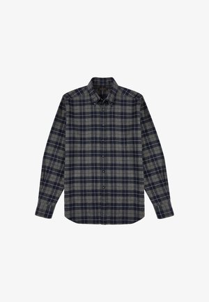 Langarm overhemd in donkerblauw en grijs ruitpatroon. Gemaakt van zachte stof met een gekraagde halslijn en knoopsluiting aan de voorkant.