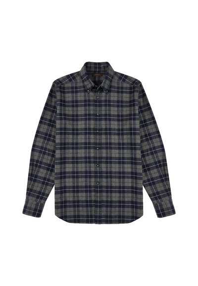 Camisa de manga larga botón en patrón de cuadros en azul marino oscuro y gris. Hecha de una tela suave con un cuello de solapa y frente abotonado.