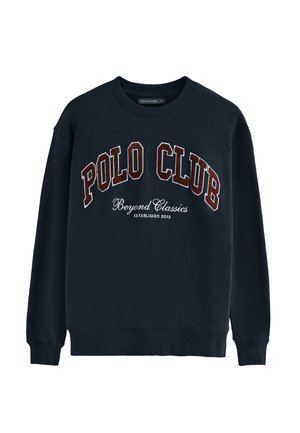 Felpa navy con collo a giro e maniche lunghe. "POLO CLUB" in bordeaux, con accenti bianchi e ricamo sul davanti. Tessuto in misto cotone.